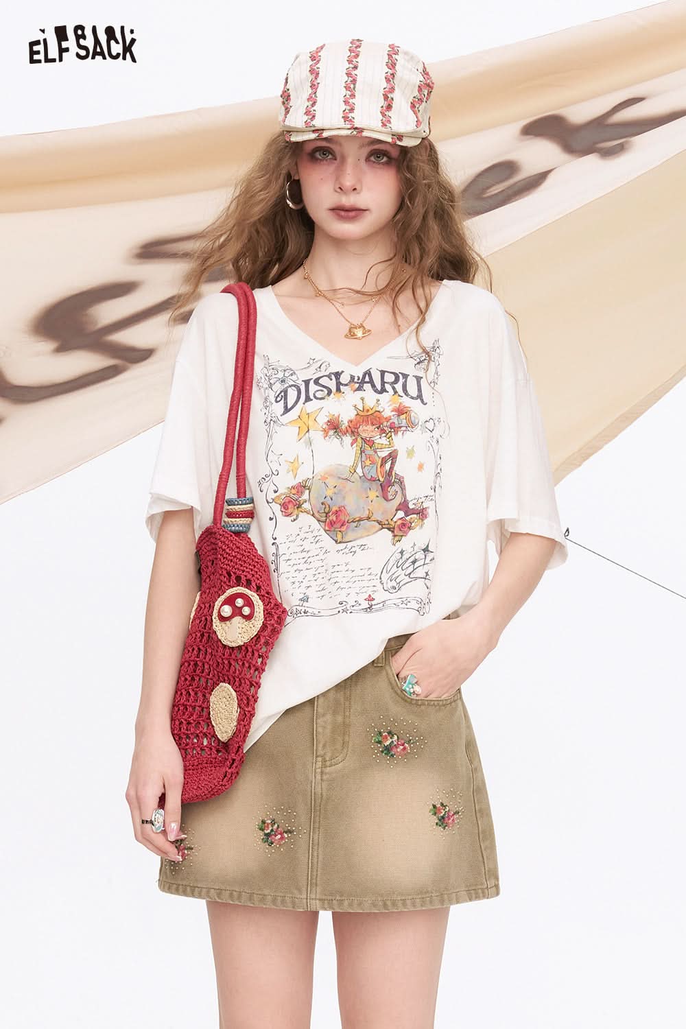 ELFSACK V-Neck Printed Loose Casual Short Sleeve T-Shirt