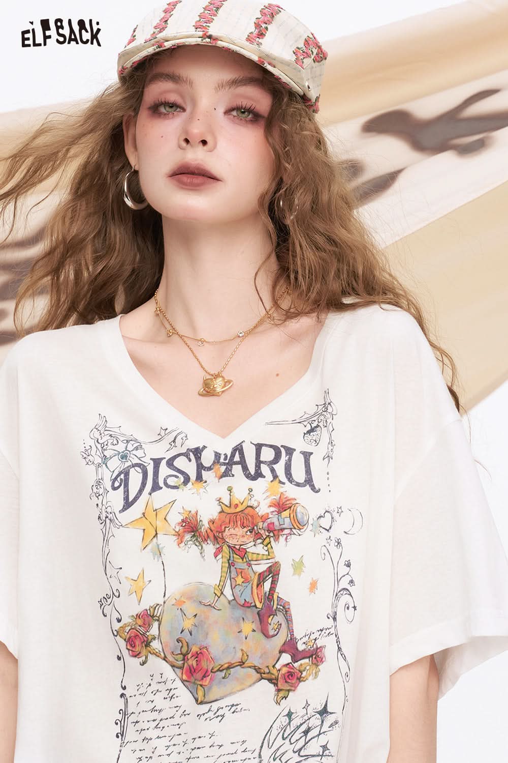 ELFSACK V-Neck Printed Loose Casual Short Sleeve T-Shirt