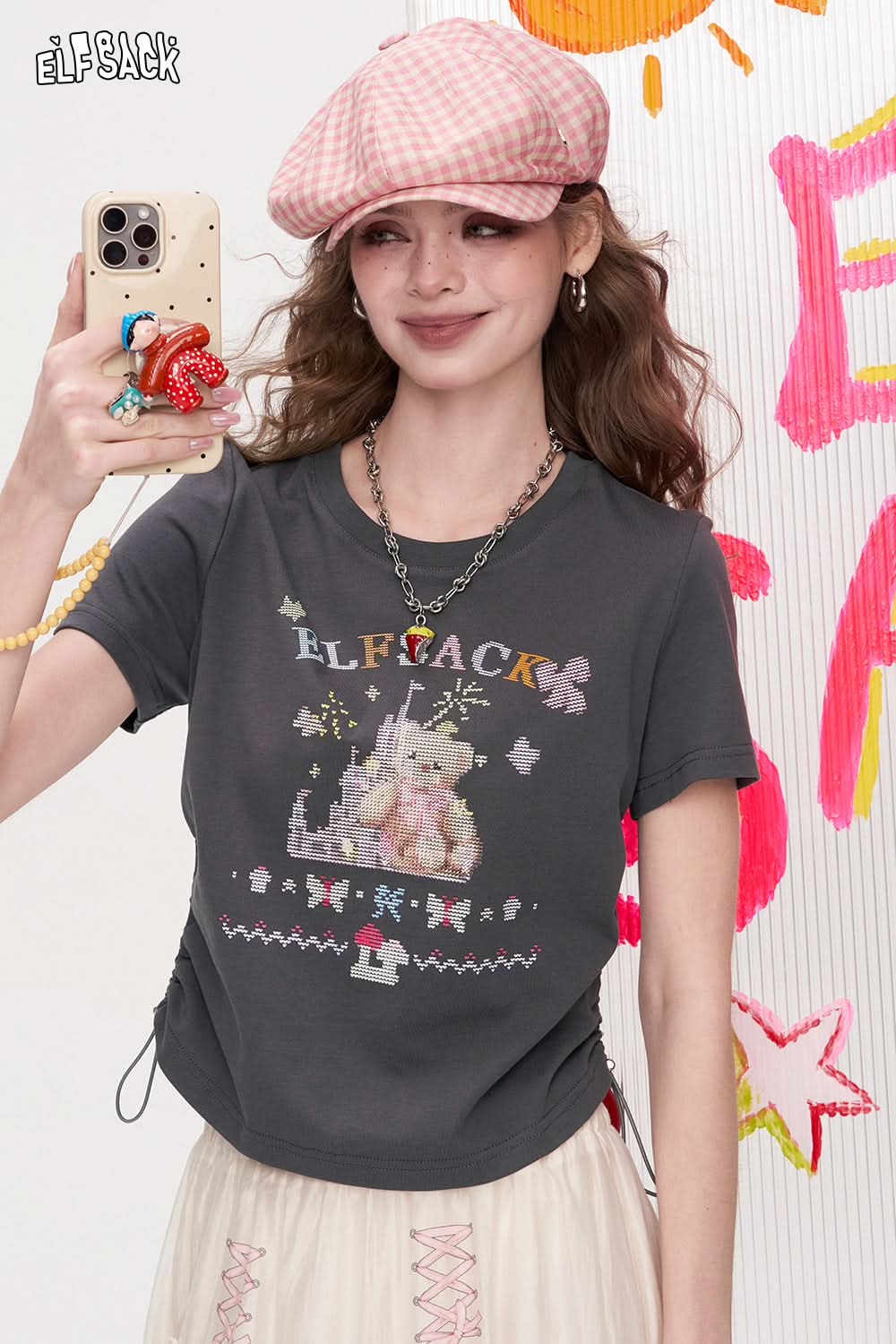 ELFSACK Dopamine Pleated Printed Short Sleeved T-Shirt
