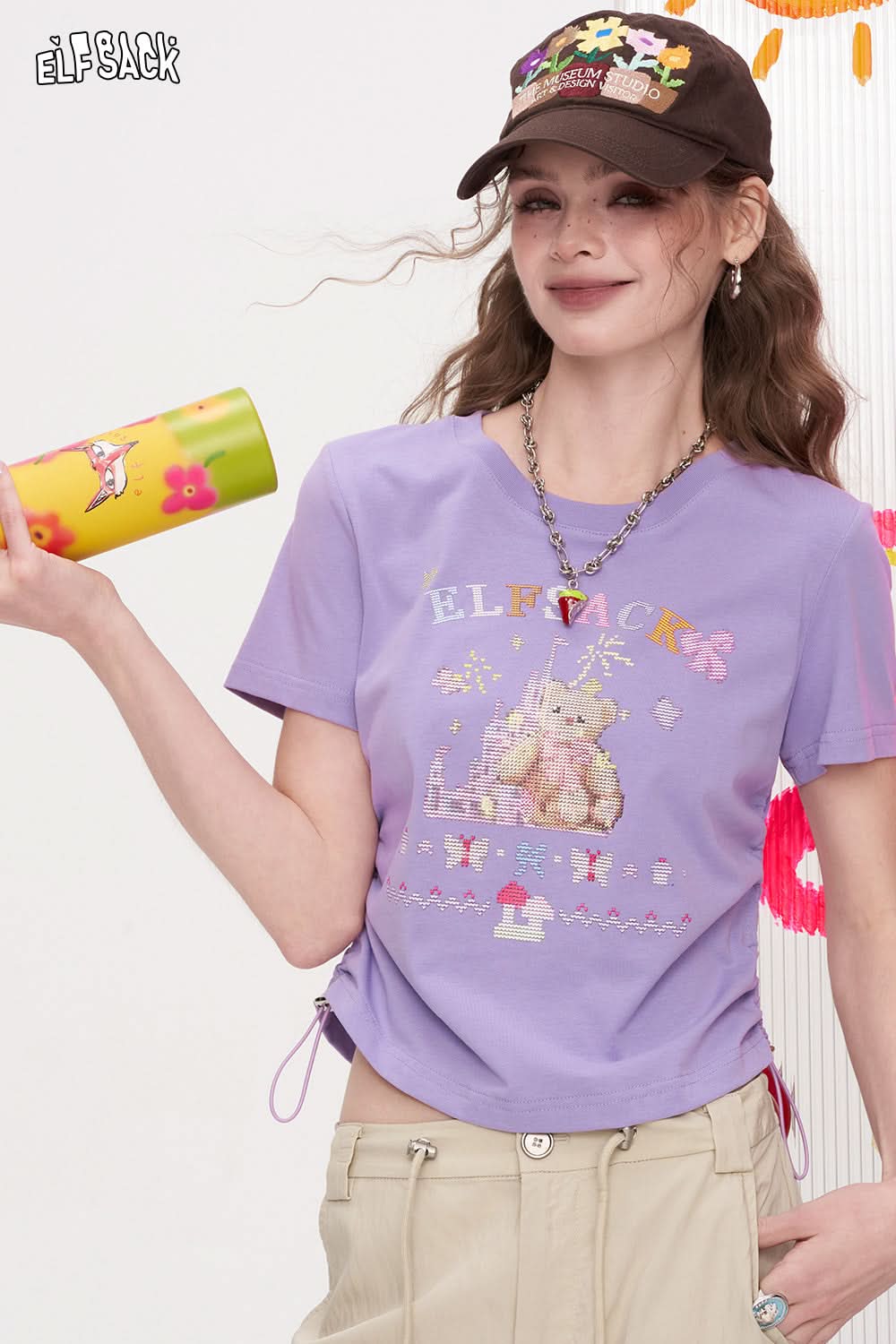 ELFSACK Dopamine Pleated Printed Short Sleeved T-Shirt