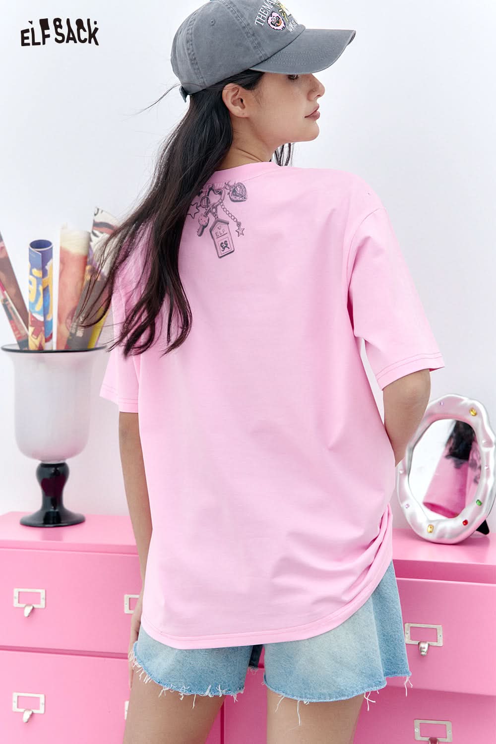 ELFSACK Y2K White Printed Short Sleeved T-Shirt
