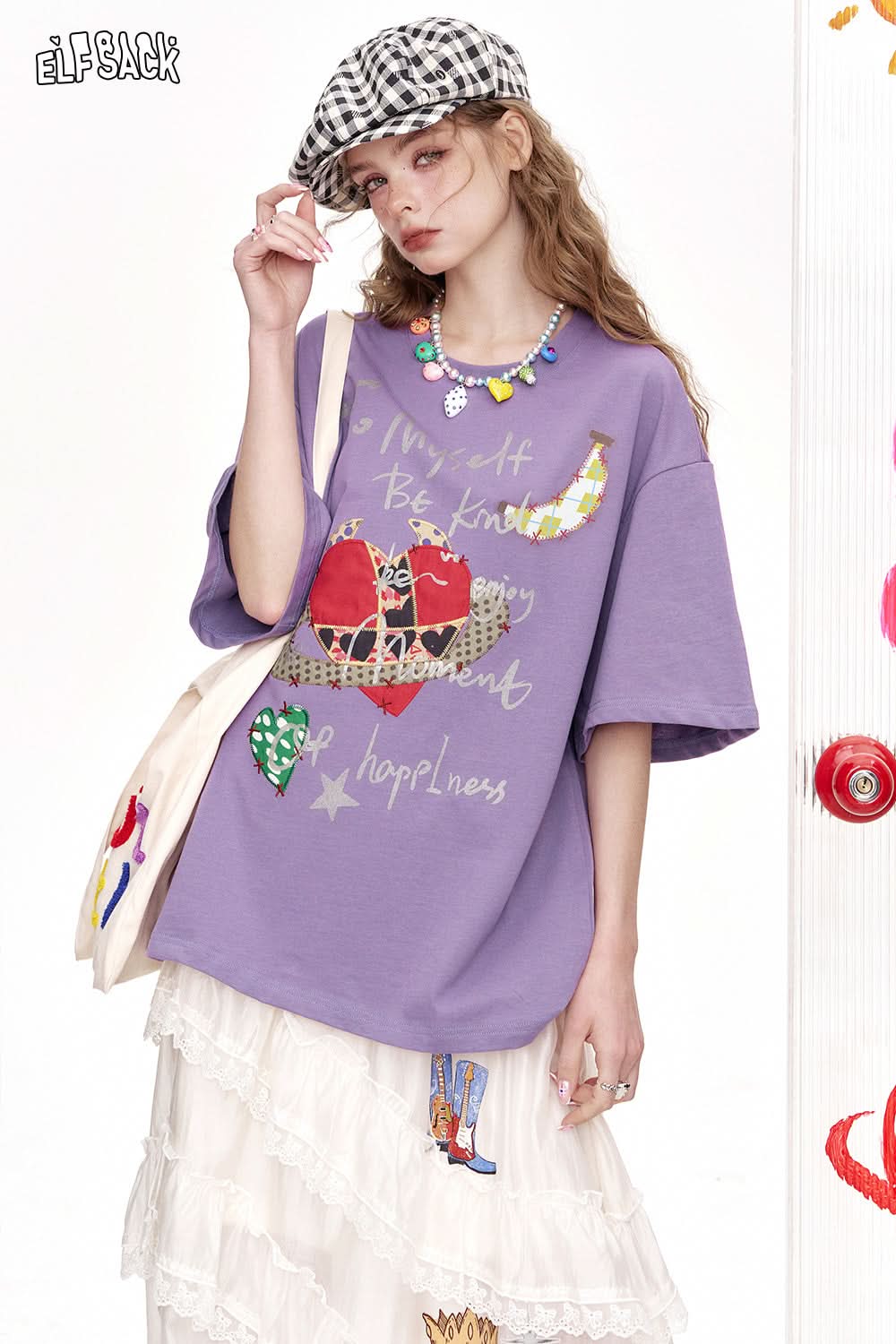 ELFSACK Devil'S Corner Love Printed Loose Casual Short Sleeved T-Shirt