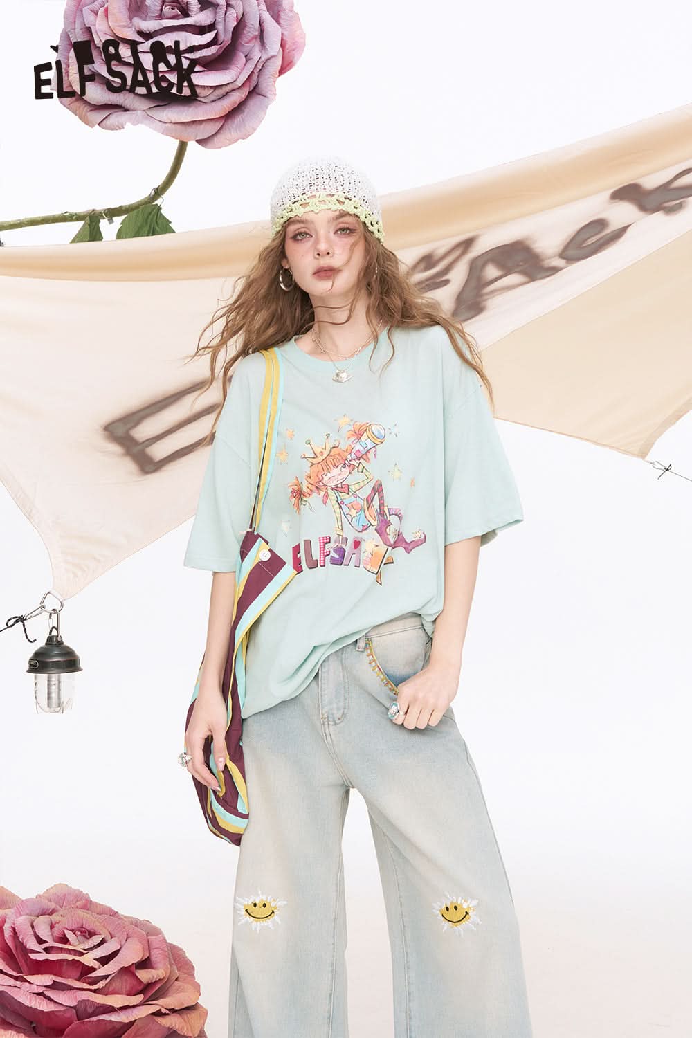 ELFSACK Printed Loose Casual Short Sleeve T-Shirt