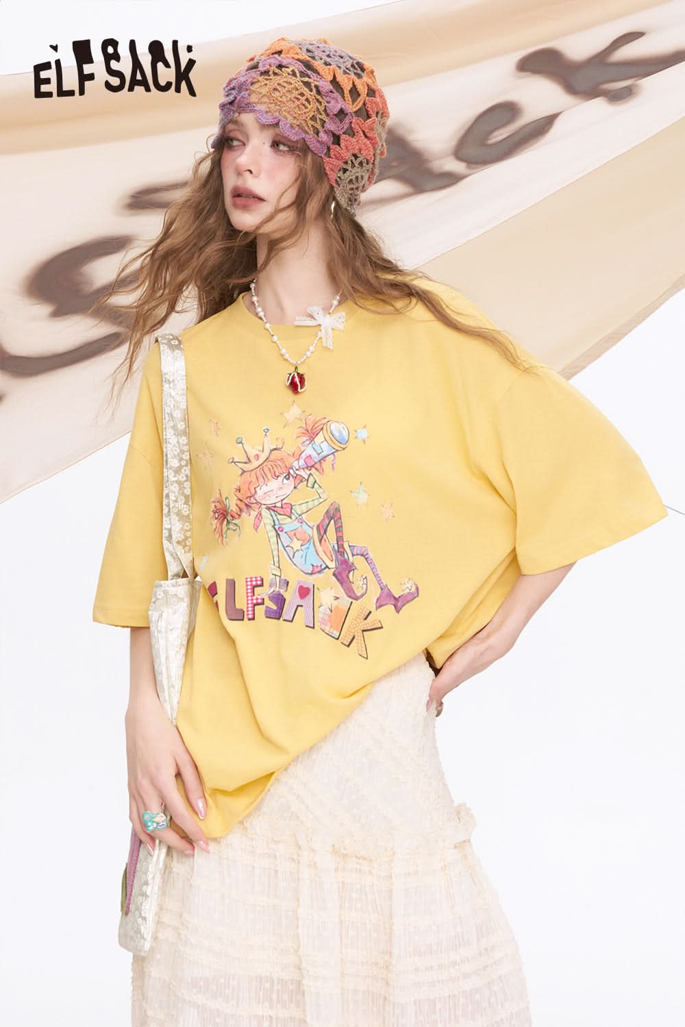 ELFSACK Printed Loose Casual Short Sleeve T-Shirt