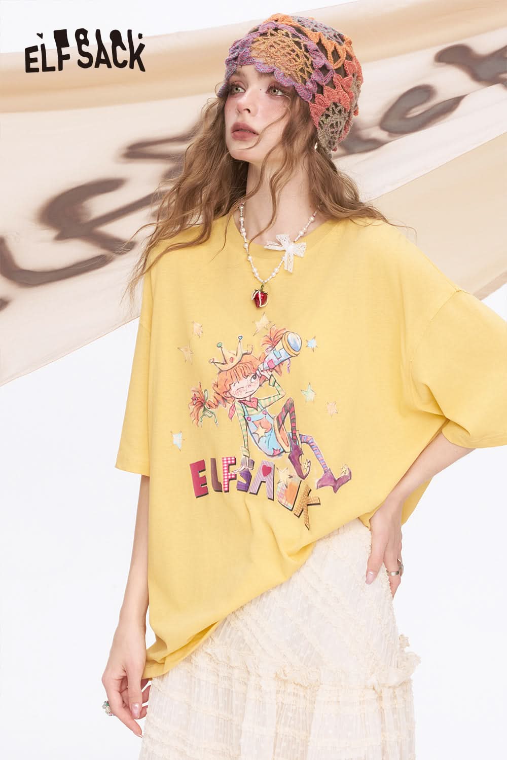 ELFSACK Printed Loose Casual Short Sleeve T-Shirt