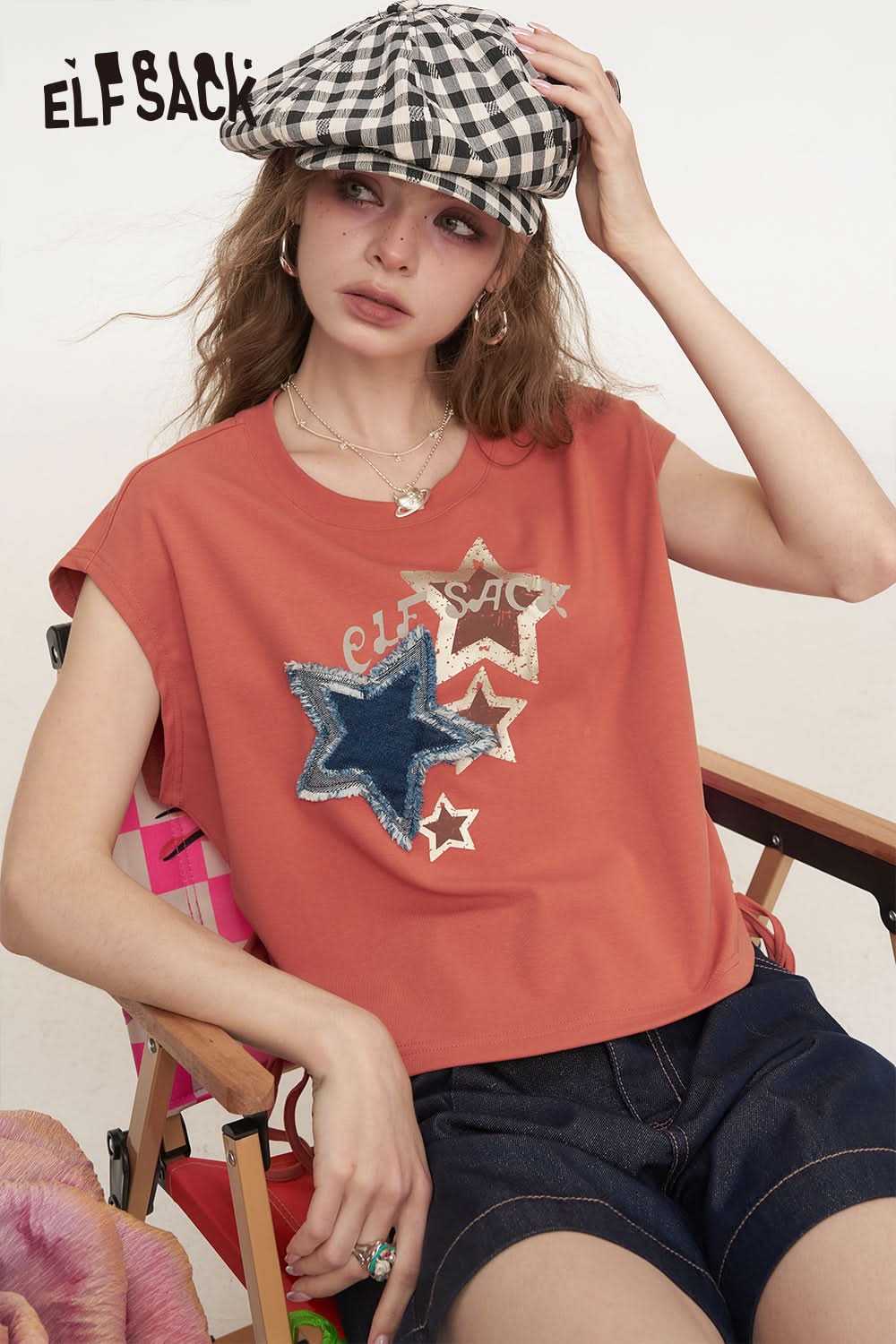 ELFSACK Retro Cowboy Star Loose Casual Sleeveless T-Shirt