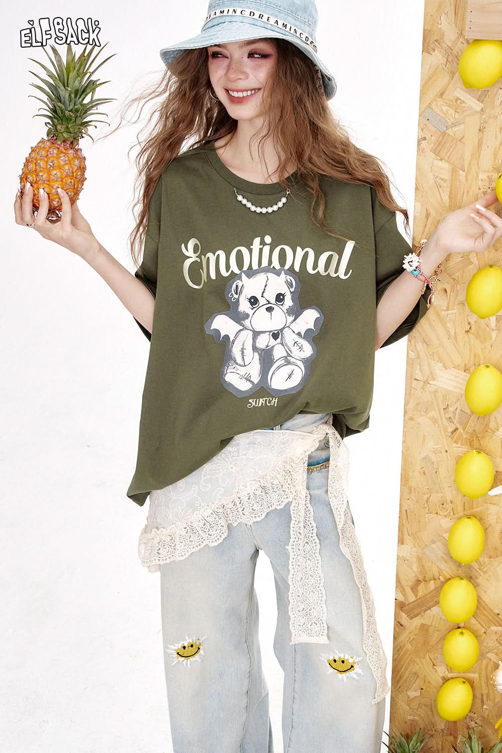 ELFSACK Rose Red Printed Short Sleeved Dopamine T-Shirt