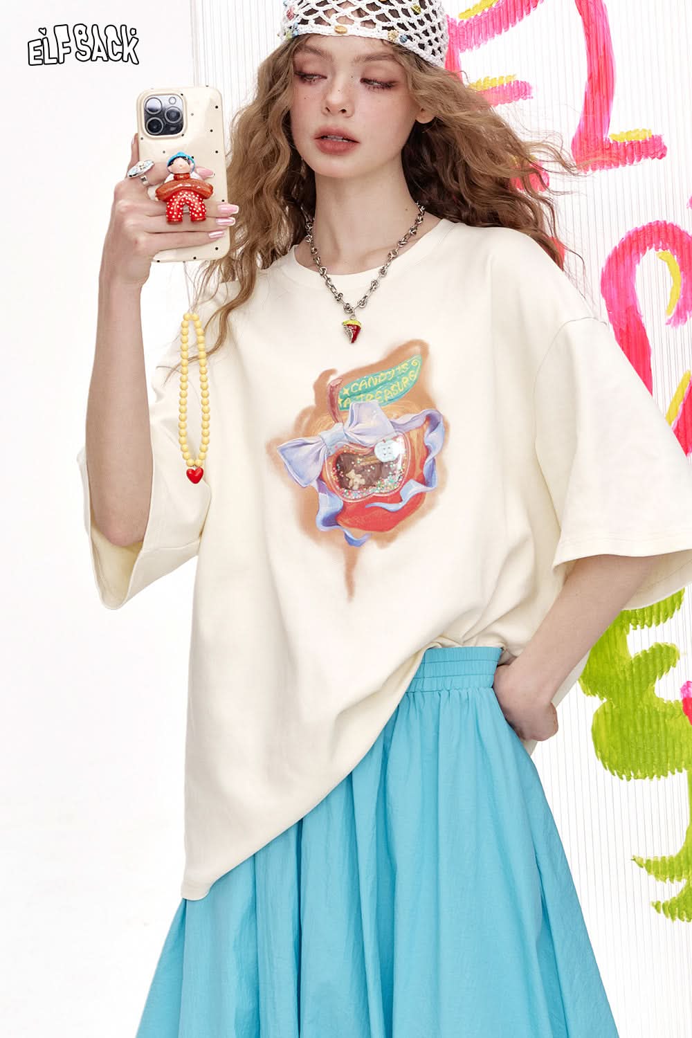 ELFSACK Off White Printed Casual Short Sleeved T-Shirt