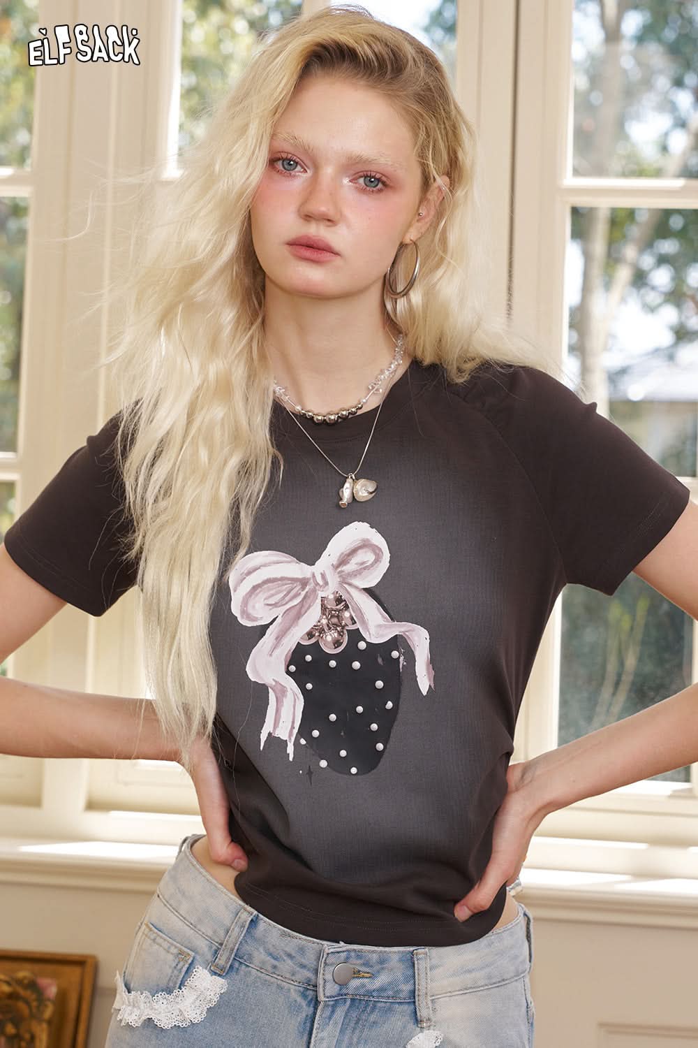 ELFSACK Strawberry Print Short Sleeved Chic T-Shirt