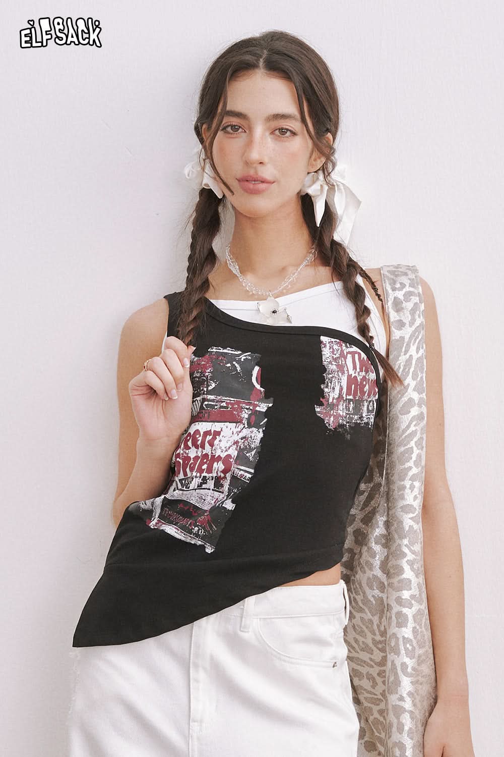 ELFSACK Retro Printed Fake Two-Piece Vest T-Shirt