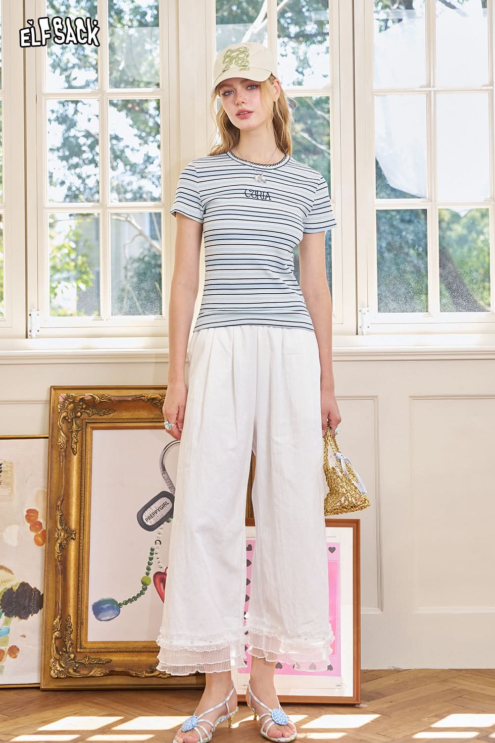 ELFSACK Product Color Blocked Striped Shoulder Short Sleeved Women'S T-Shirt