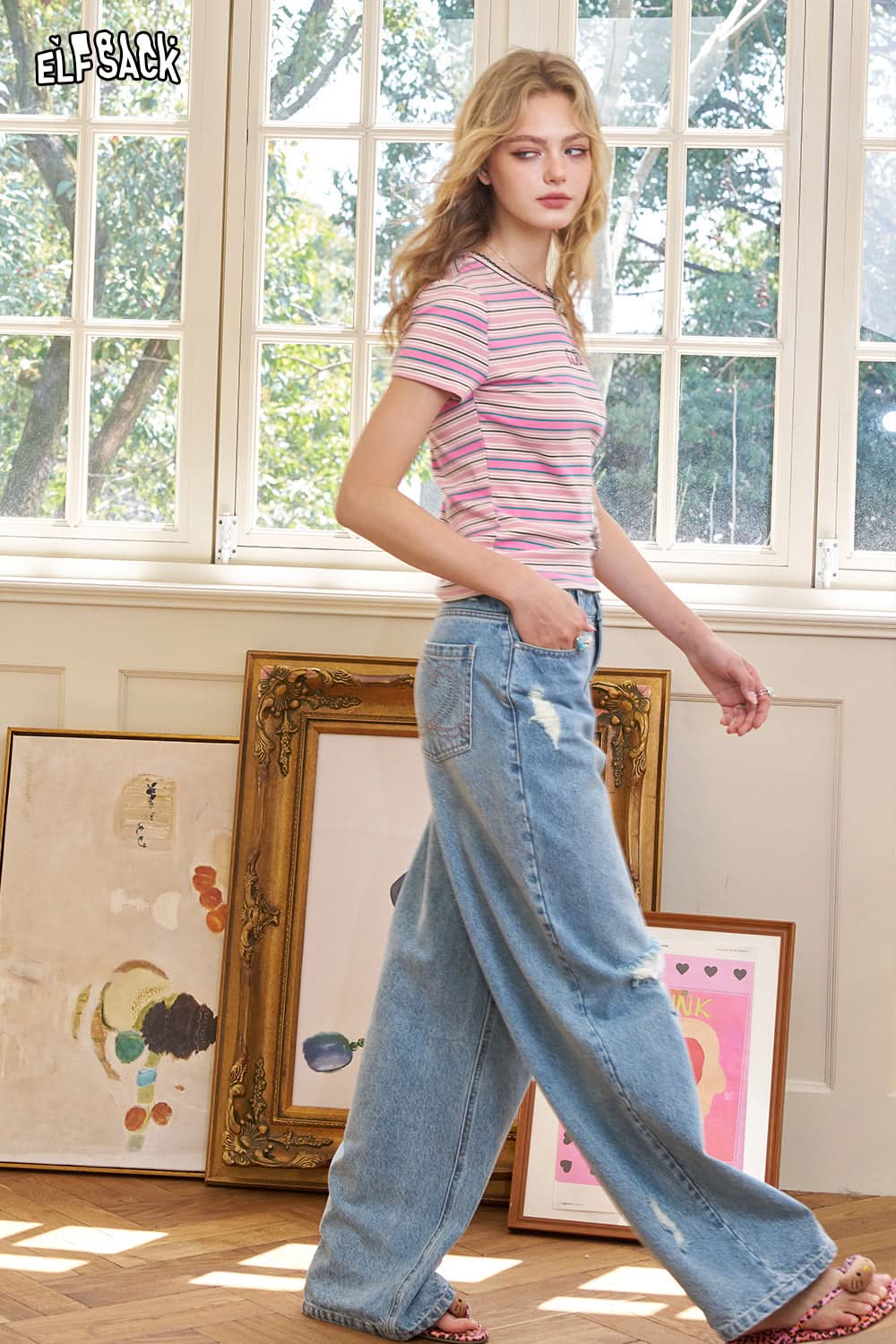 ELFSACK Product Color Blocked Striped Shoulder Short Sleeved Women'S T-Shirt