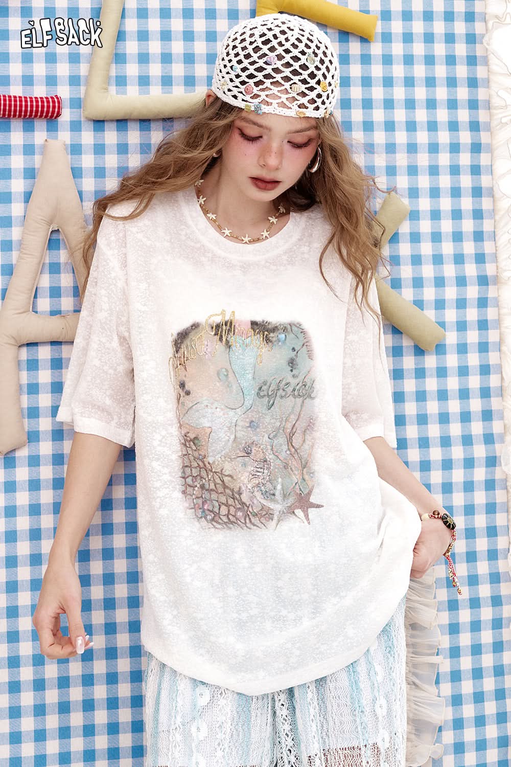 ELFSACK White Lace Printed Loose Casual Short Sleeve T-Shirt