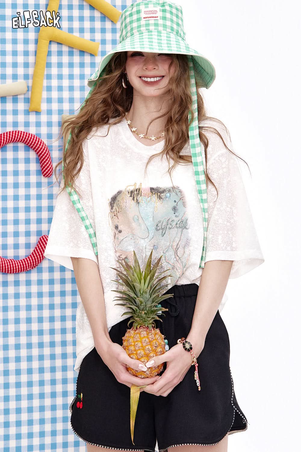 ELFSACK White Lace Printed Loose Casual Short Sleeve T-Shirt