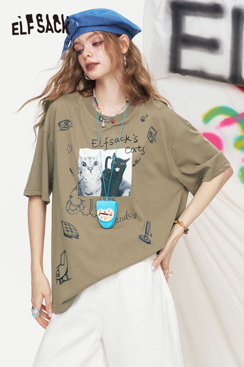 ELFSACK Pink Cat Graffiti Printed Short Sleeve Casual T-Shirt