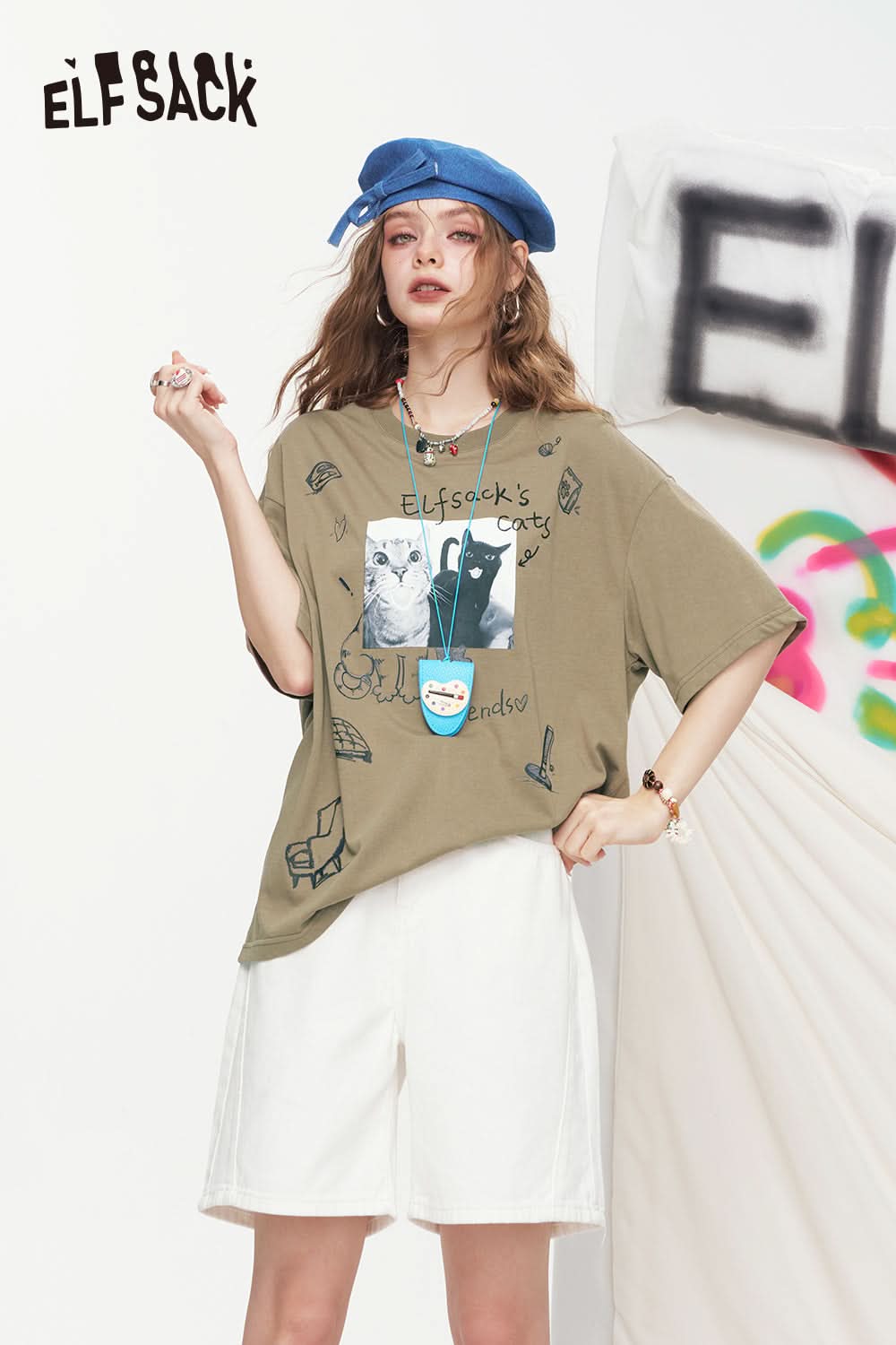 ELFSACK Pink Cat Graffiti Printed Short Sleeve Casual T-Shirt