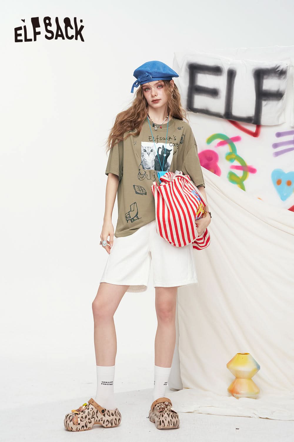 ELFSACK Pink Cat Graffiti Printed Short Sleeve Casual T-Shirt