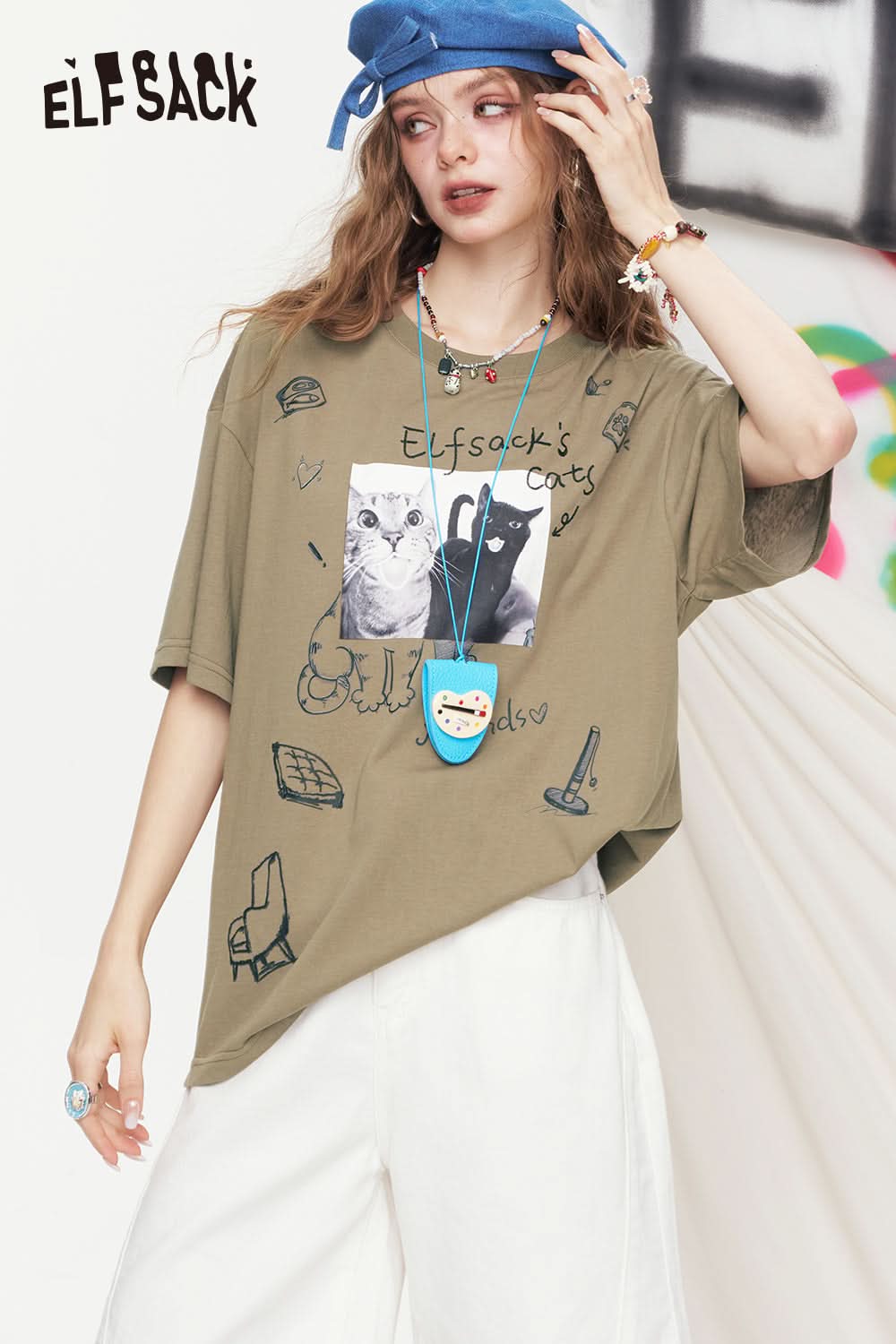 ELFSACK Pink Cat Graffiti Printed Short Sleeve Casual T-Shirt