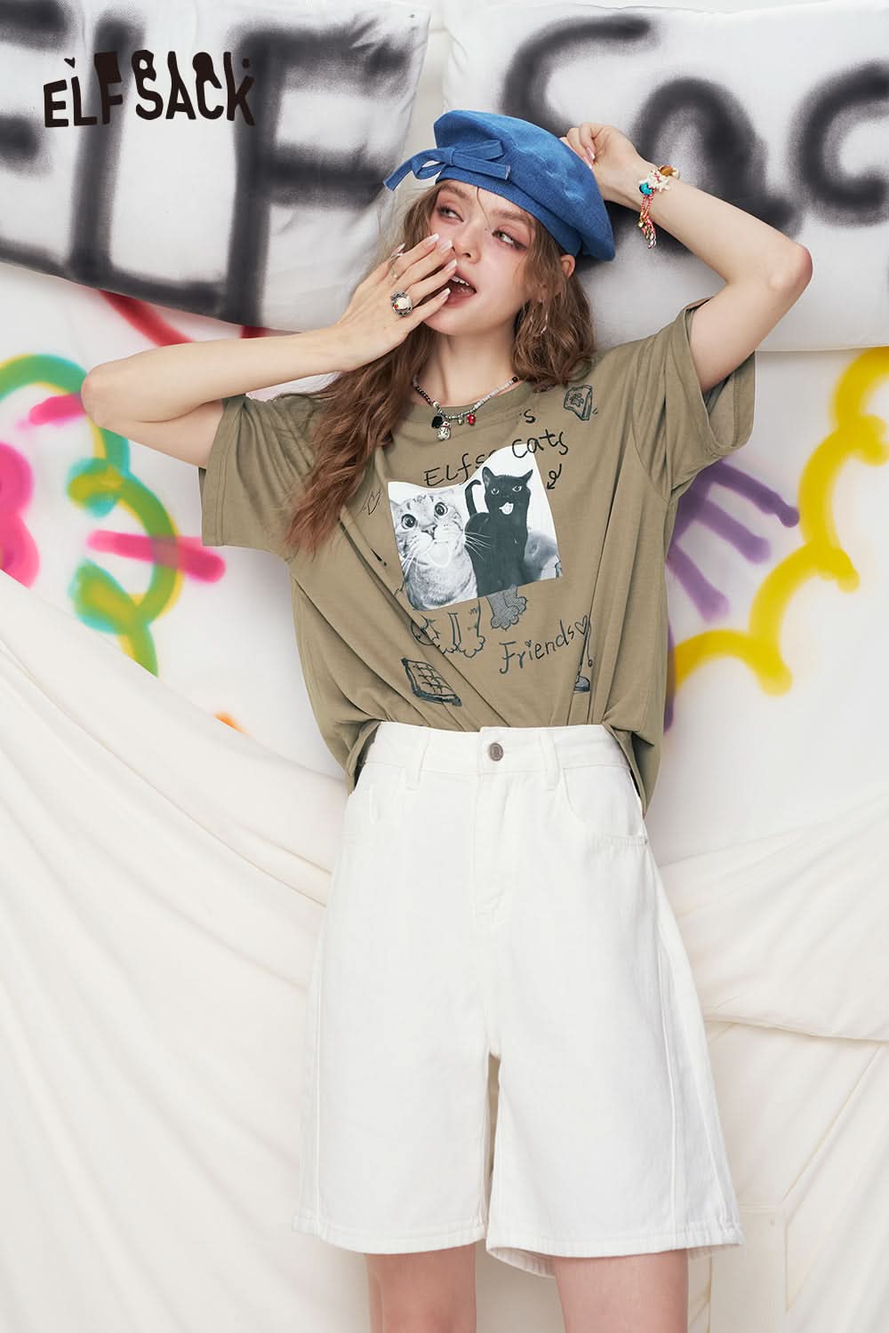 ELFSACK Pink Cat Graffiti Printed Short Sleeve Casual T-Shirt