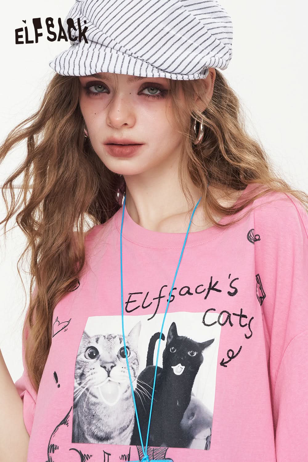 ELFSACK Pink Cat Graffiti Printed Short Sleeve Casual T-Shirt