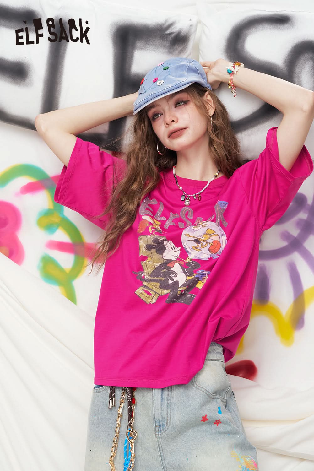 ELFSACK Cartoon Printed Short Sleeved Casual T-Shirt