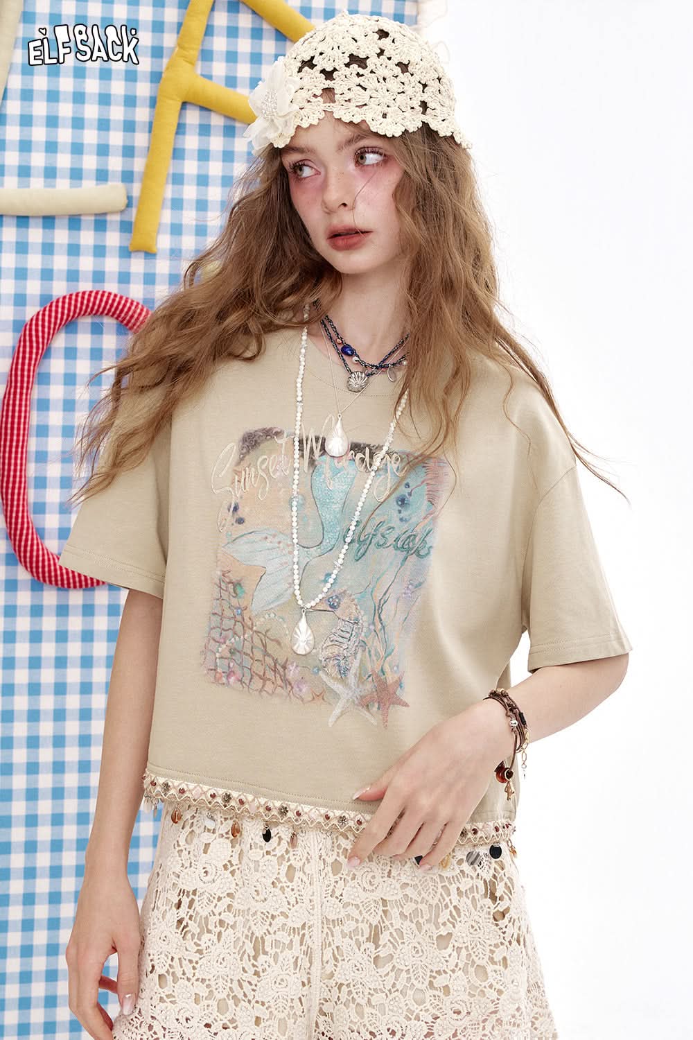 ELFSACK Shell Tassel Print Loose Short Sleeve Chic T-Shirt