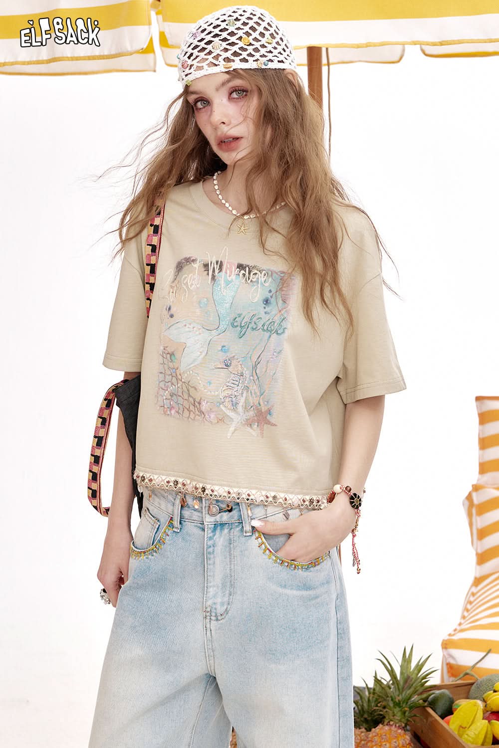 ELFSACK Shell Tassel Print Loose Short Sleeve Chic T-Shirt