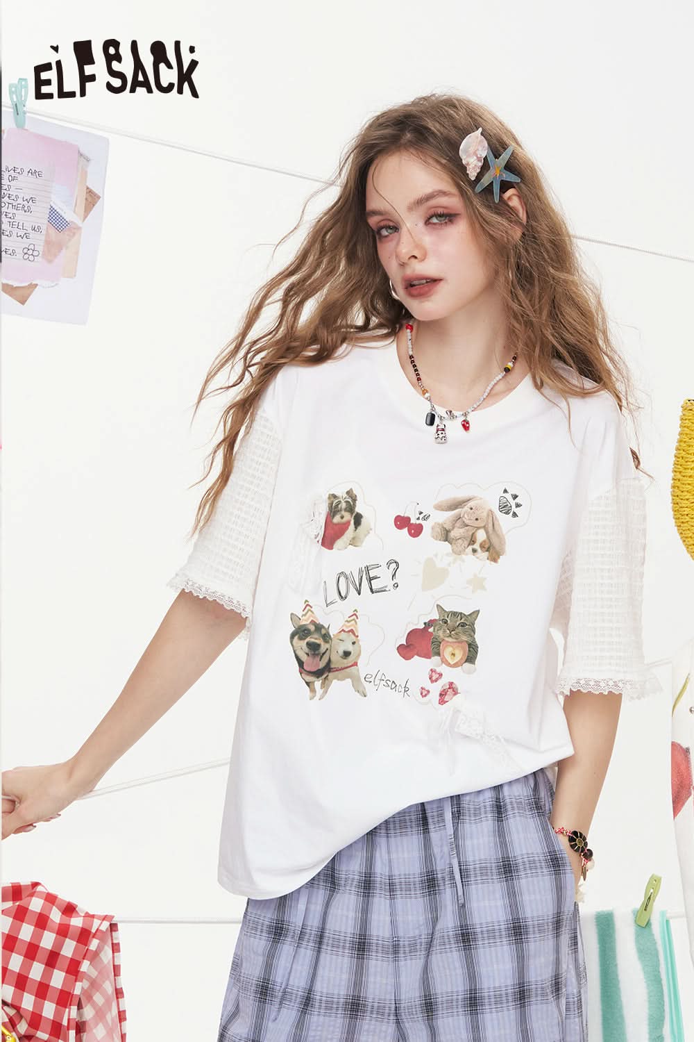 ELFSACK Lace Patchwork Cartoon Printed Short Sleeve Casual T-Shirt