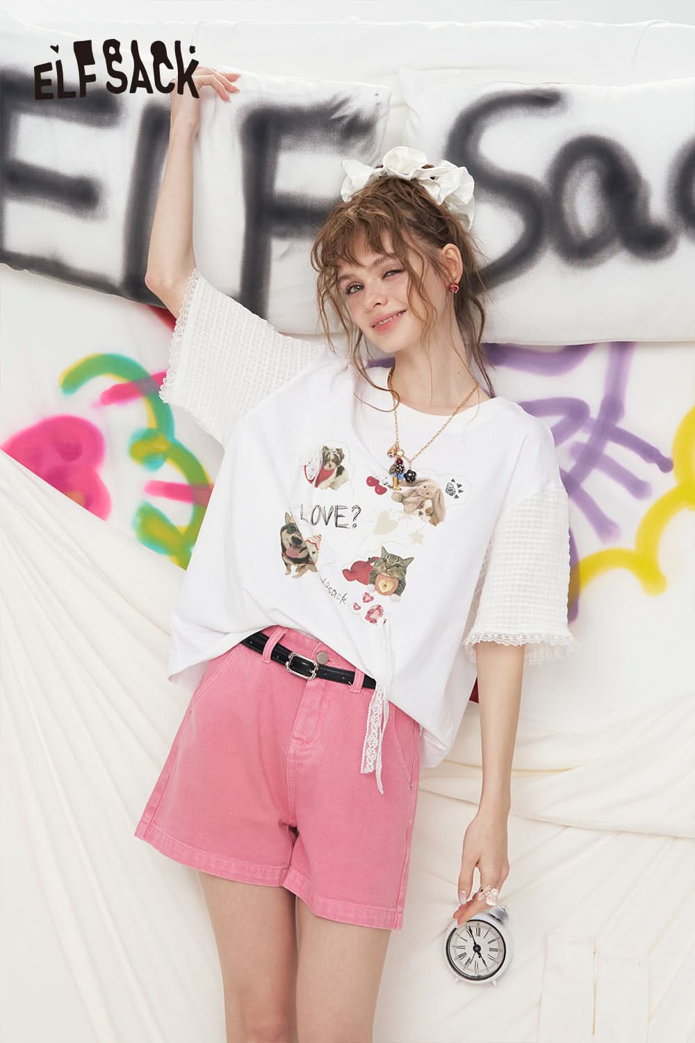 ELFSACK Lace Patchwork Cartoon Printed Short Sleeve Casual T-Shirt