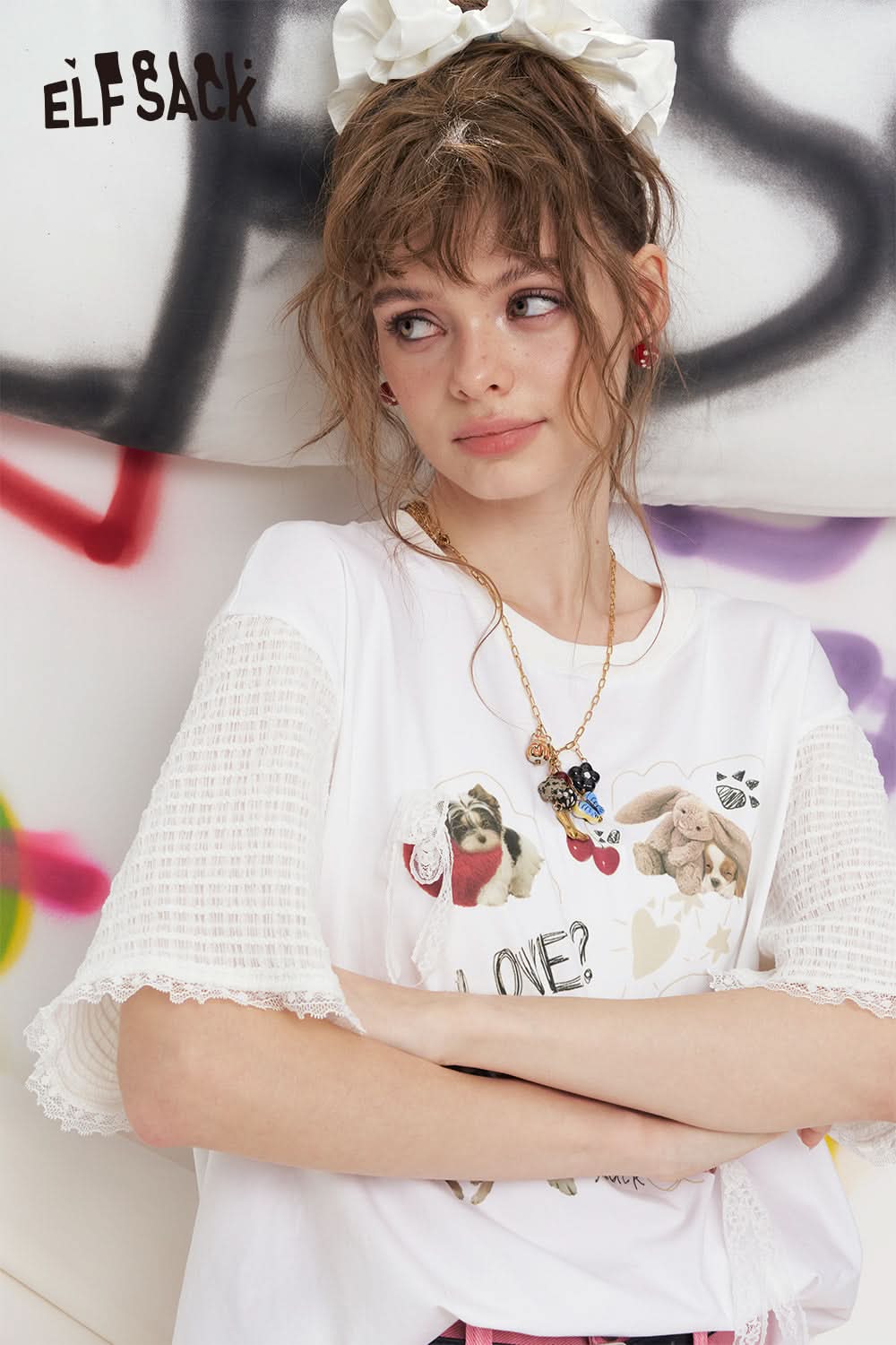 ELFSACK Lace Patchwork Cartoon Printed Short Sleeve Casual T-Shirt