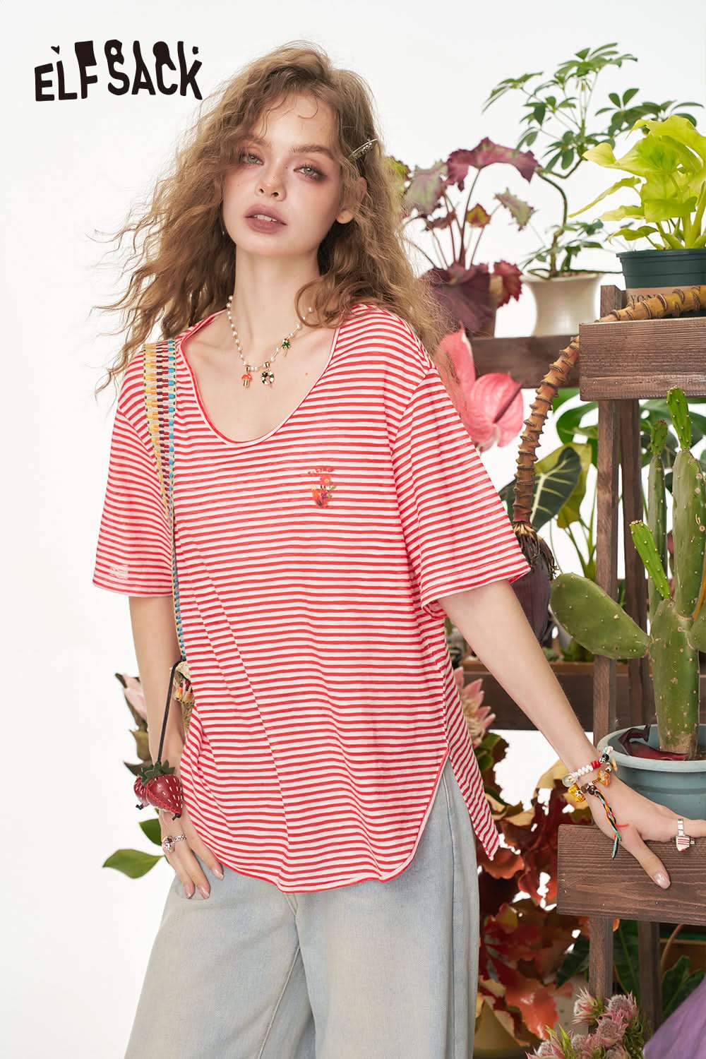 ELFSACK Pink Retro Striped Embroidered Short Sleeve Chic T-Shirt