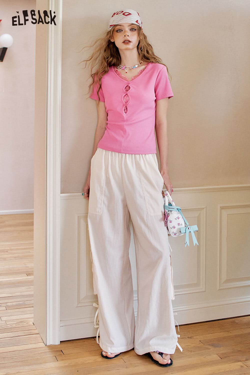 ELFSACK Lace Patchwork V-Neck Short Sleeve Chic T-Shirt
