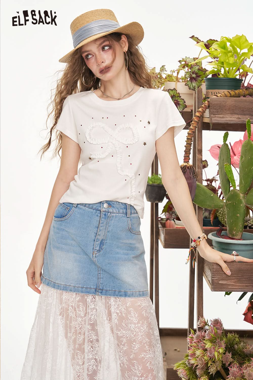 ELFSACK Y2K Three Dimensional Bow Short Sleeve T-Shirt