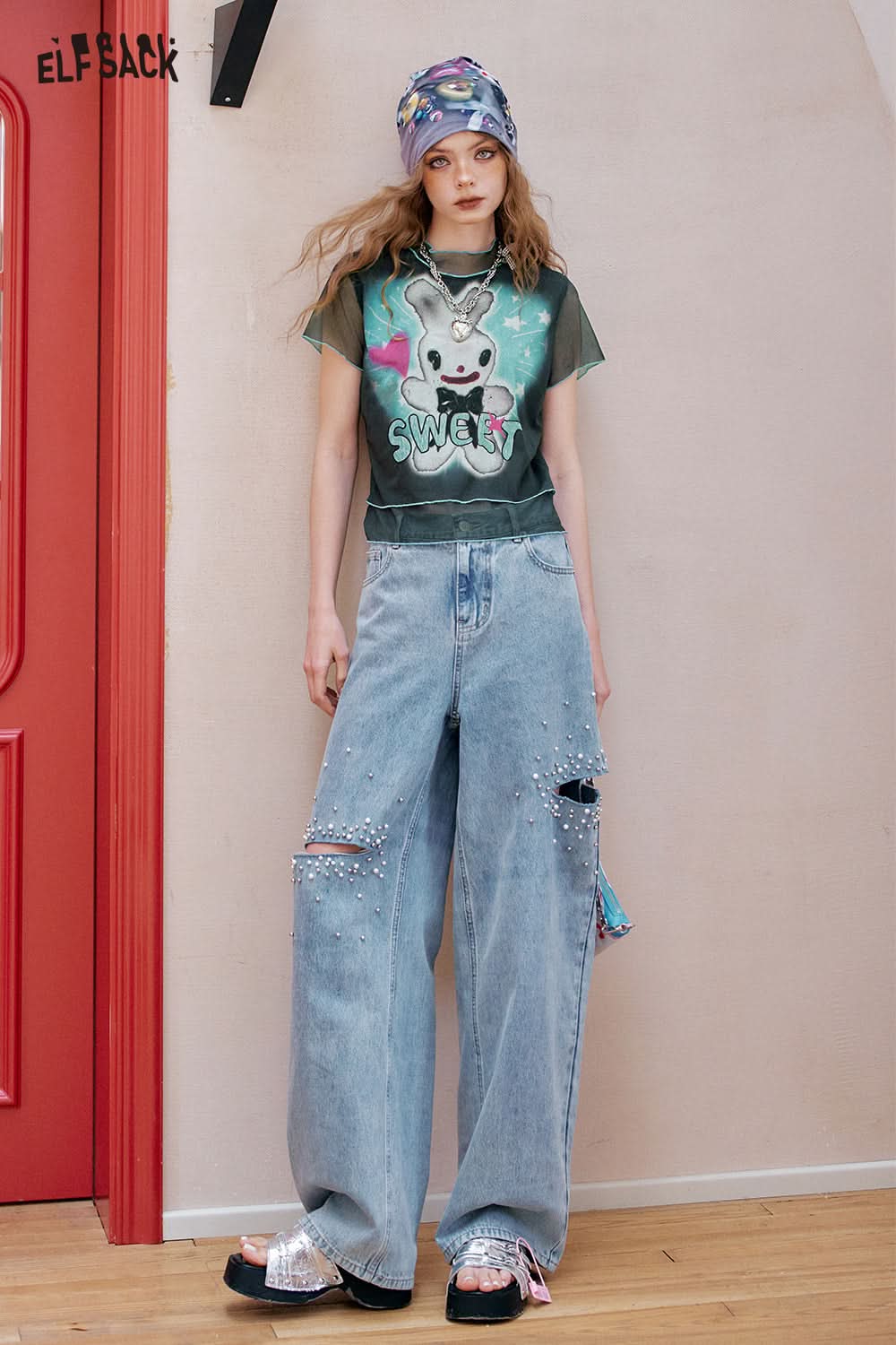 ELFSACK Black Printed Mesh Short Sleeve Chic T-Shirt