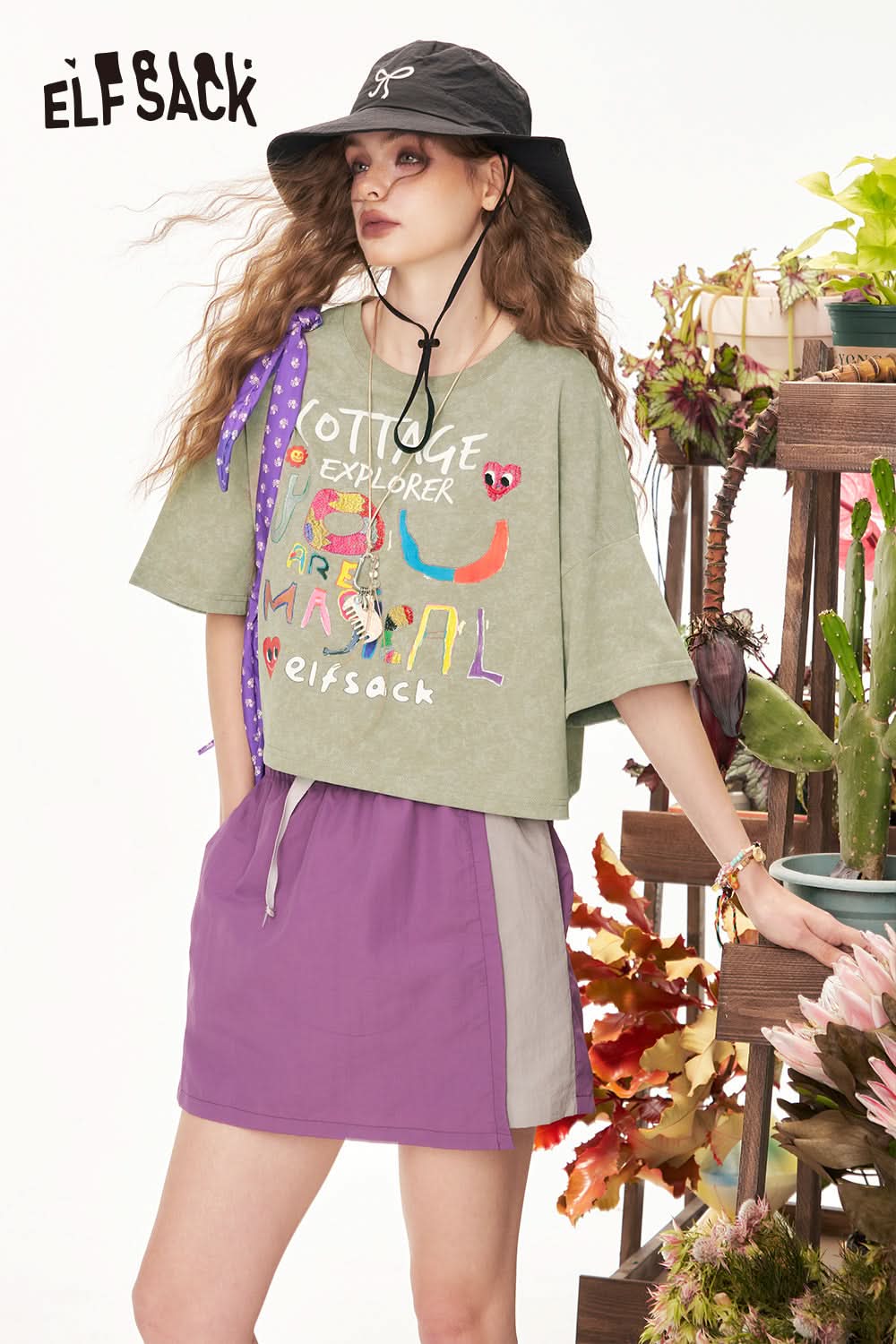 ELFSACK Pink Graffiti Printed Casual Short Sleeve T-Shirt