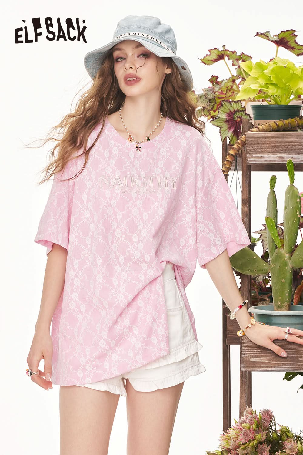ELFSACK Pink Lace Letter Loose Casual Short Sleeve T-Shirt