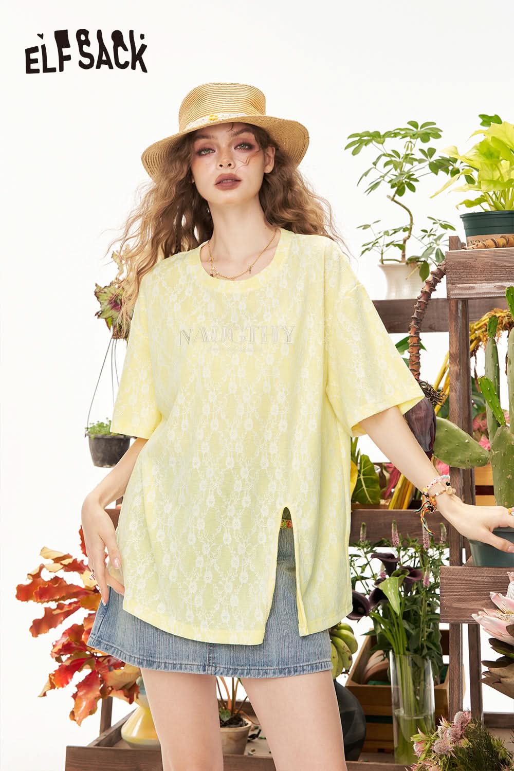 ELFSACK Pink Lace Letter Loose Casual Short Sleeve T-Shirt