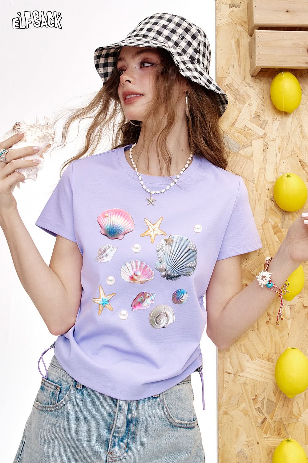 ELFSACK White Shell Print Pleated Short Sleeve Chic T-Shirt