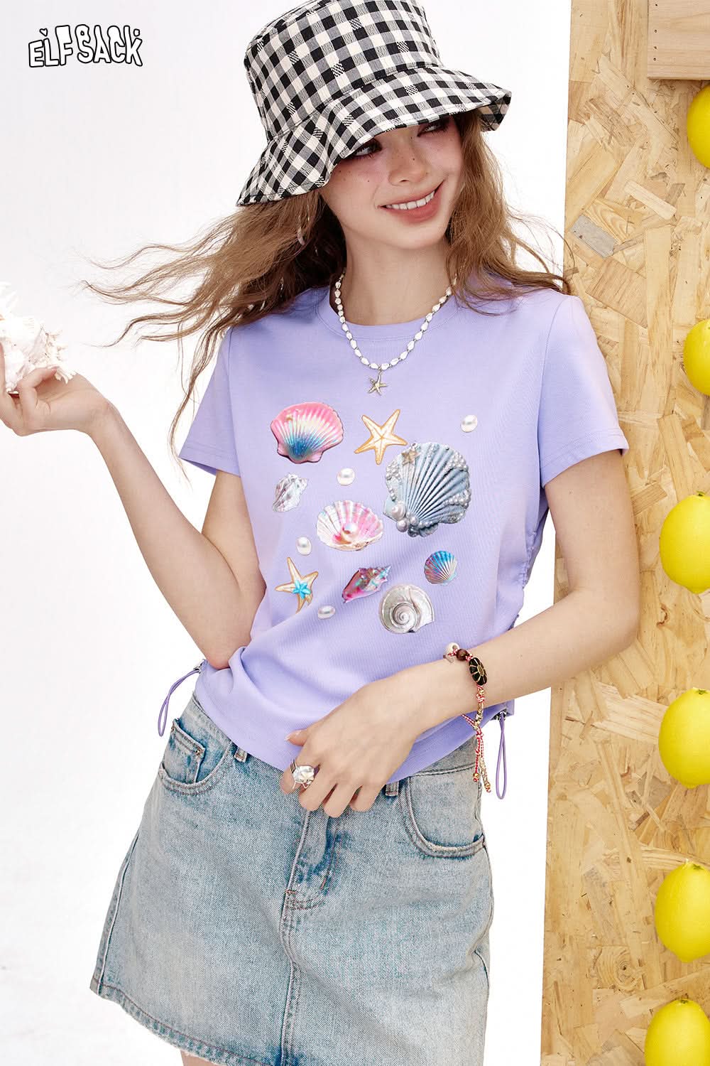 ELFSACK White Shell Print Pleated Short Sleeve Chic T-Shirt