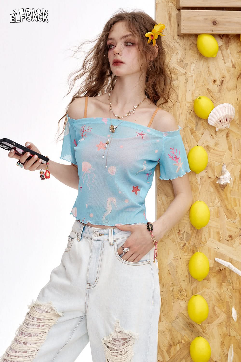 ELFSACK Y2K One Shoulder Blue Printed Short Sleeve T-Shirt