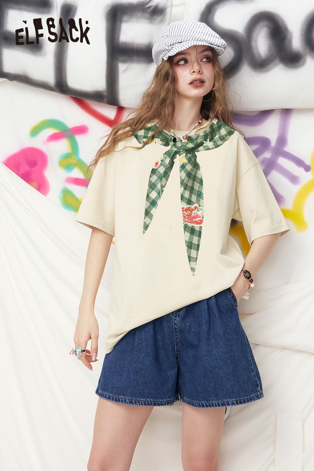ELFSACK Checkered Tie Printed Short Sleeve Casual T-Shirt