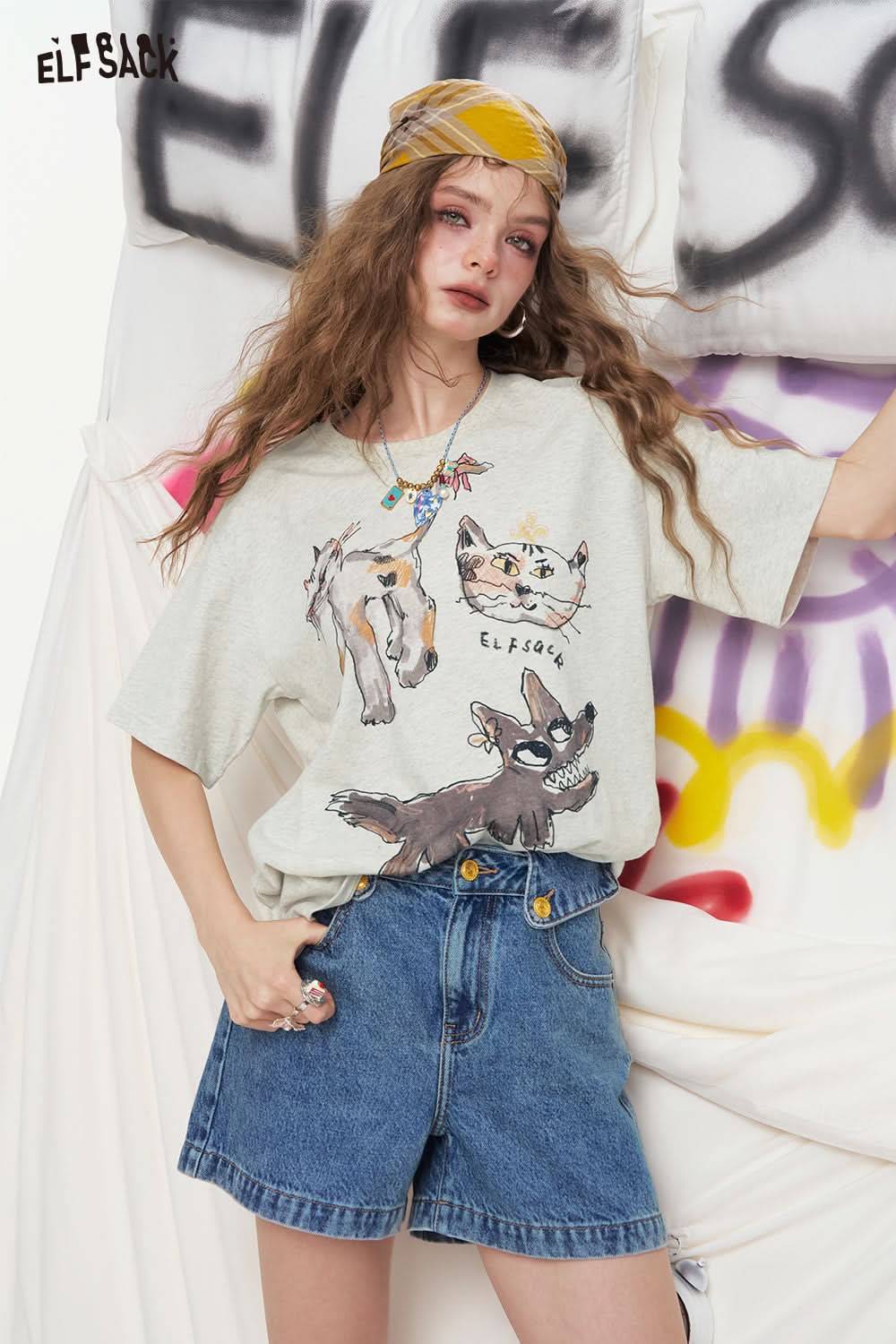 ELFSACK Cartoon Printed Short Sleeved Loose Casual T-Shirt