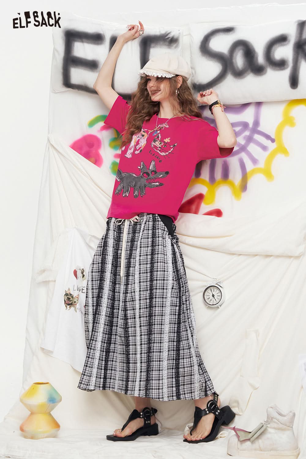 ELFSACK Cartoon Printed Short Sleeved Loose Casual T-Shirt