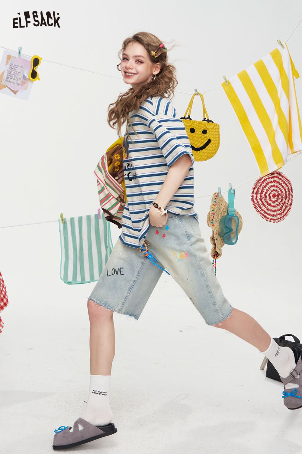 ELFSACK Striped Printed Short Sleeve Casual T-Shirt