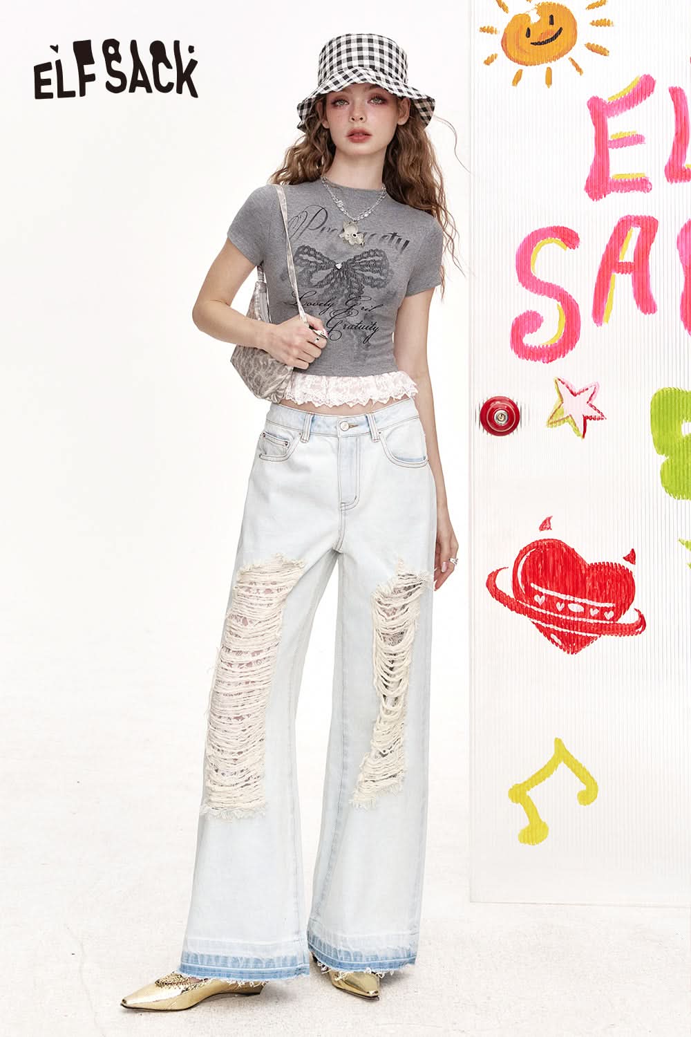 ELFSACK White Lace Patchwork Printed Short Sleeved T-Shirt