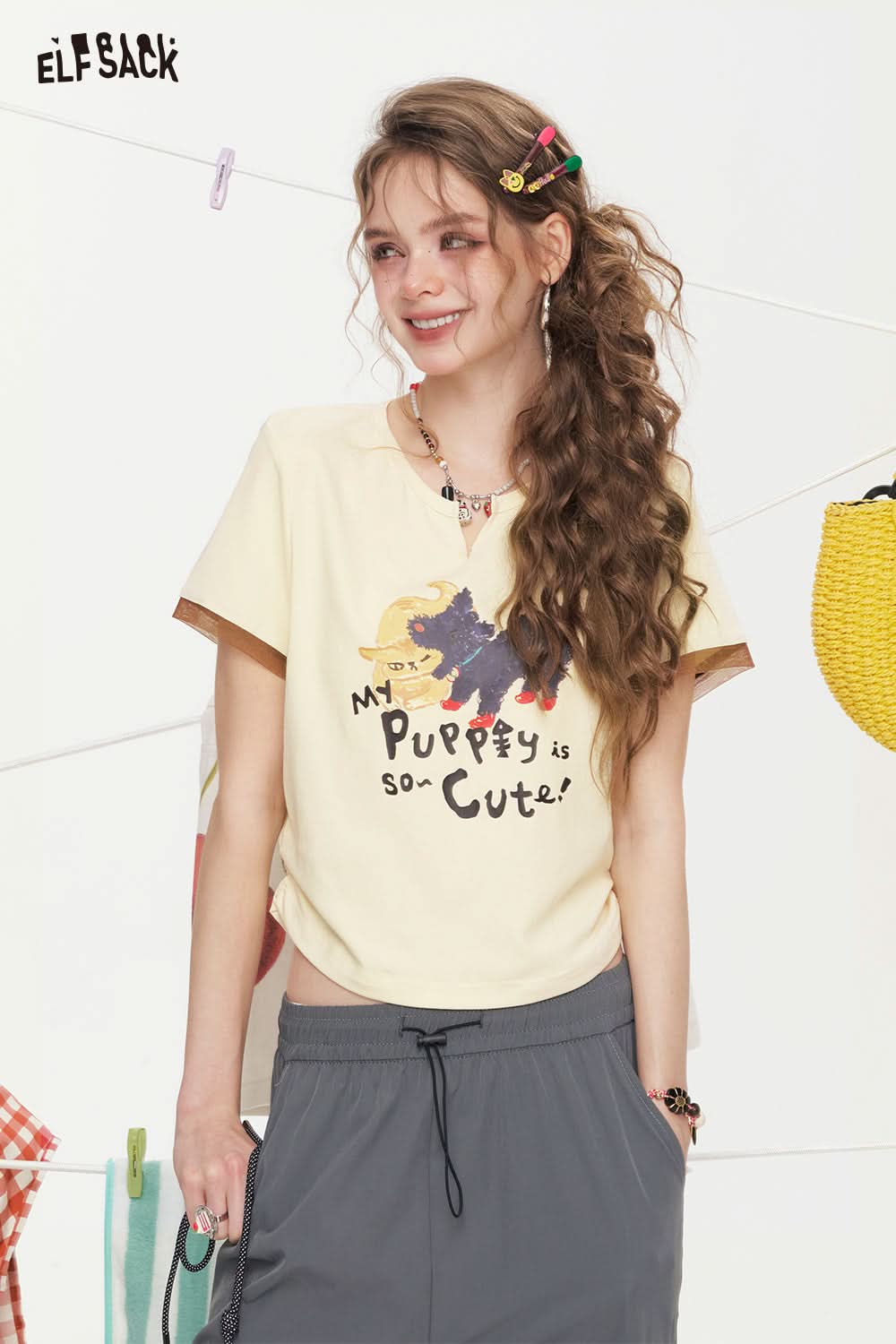 ELFSACK Cat Print Chic Slim Fit T-Shirt