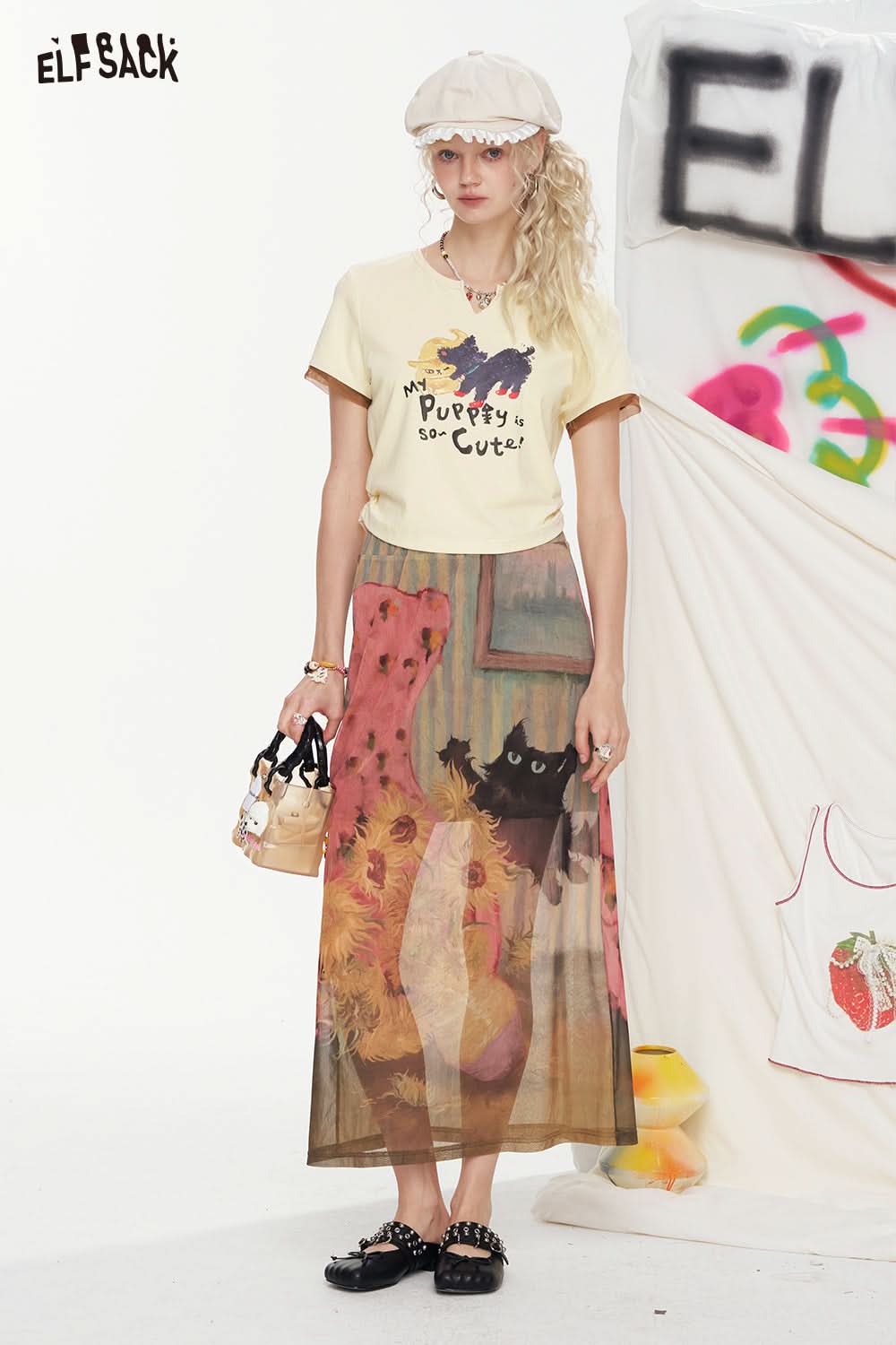 ELFSACK Cat Print Chic Slim Fit T-Shirt