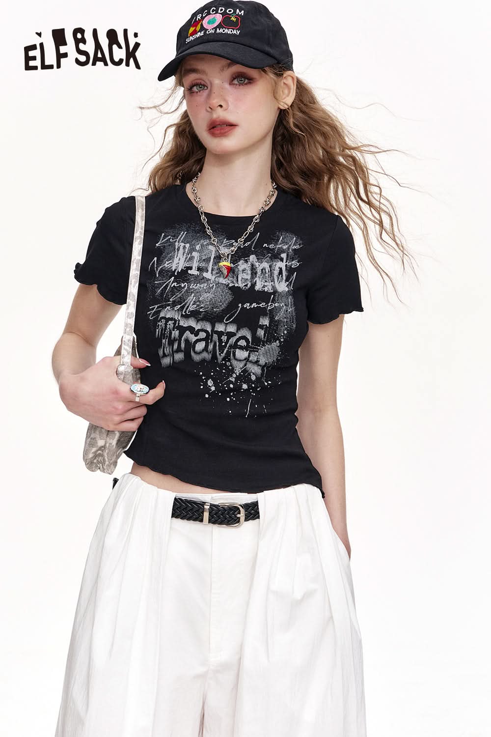 ELFSACK Retro Irregular Printed Short Sleeved Chic T-Shirt