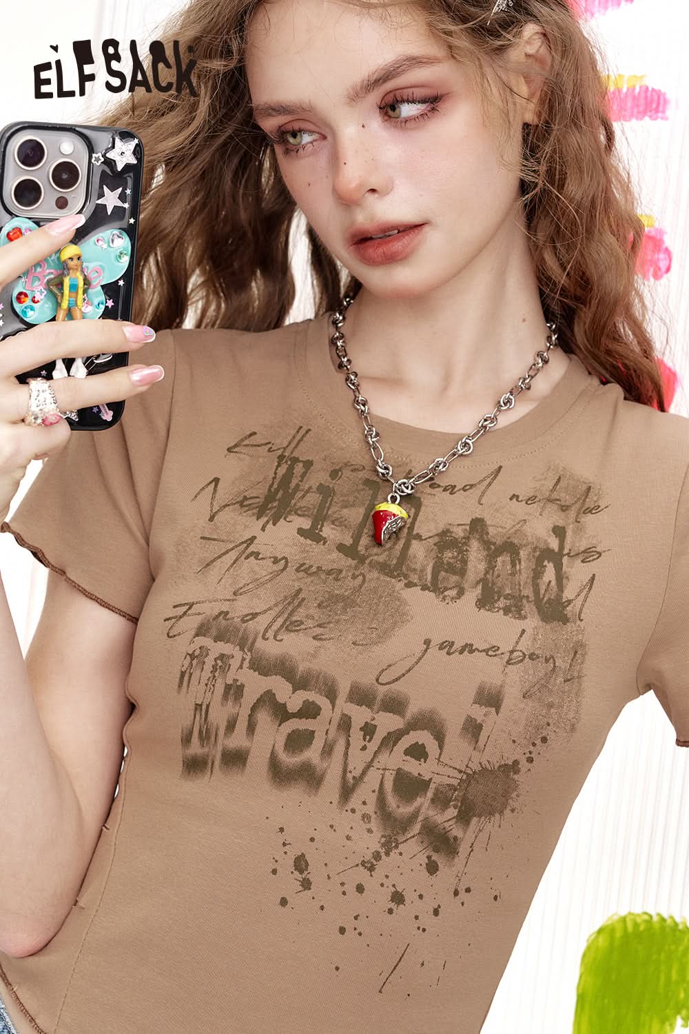 ELFSACK Retro Irregular Printed Short Sleeved Chic T-Shirt