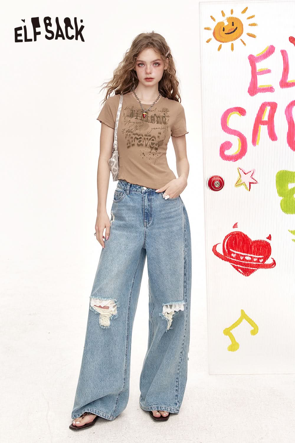 ELFSACK Retro Irregular Printed Short Sleeved Chic T-Shirt